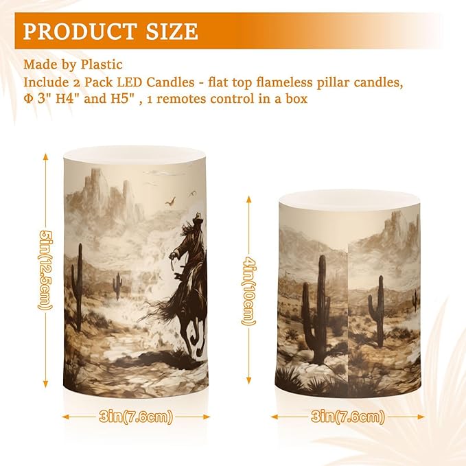 Western Desert Cowboy Flameless Candles with Remote Control and Timer, Adjustable Brightness Long Lasting Battery Operated LED Pillar Candles for Indoor Outdoor Party Home Decor, 2 Pack-VerdiqueGarden