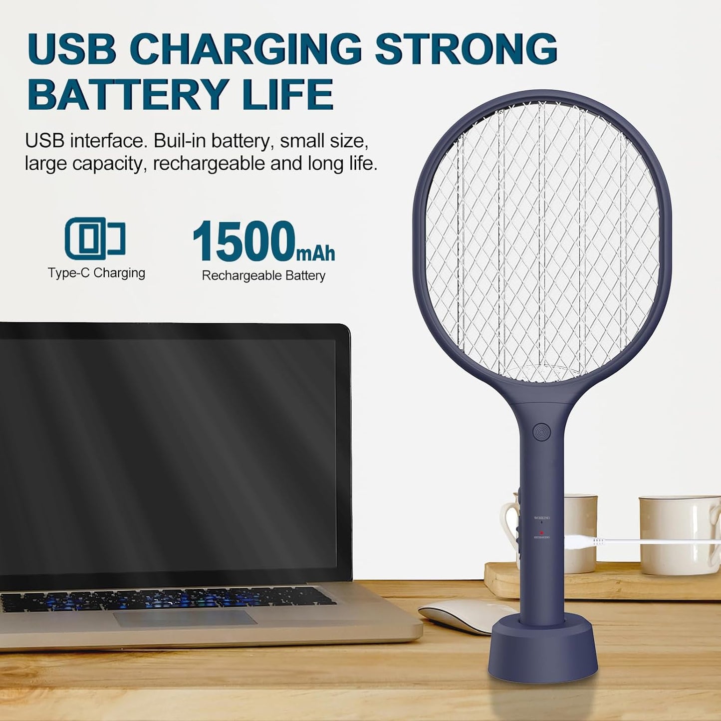 Electric Fly Swatter 2 Pack, 3000V Bug Zapper Racket Fly Zapper with 1500mAh Rechargeable Battery, Indoor Outdoor Fly Trap Mosquito Killer with 3-Layer Safety Mesh for Home, Kitchen, Patio, Camping-VerdiqueGarden