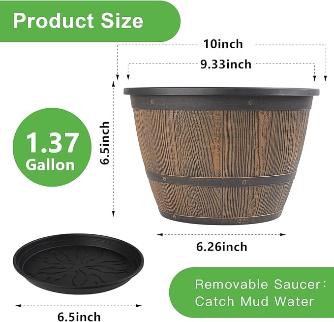 10-inch-Plant-Pots-Indoor-Outdoor, 4 Pack Whiskey Barrel Planters with Drainage Holes & Saucer, Plastic Flower Pots Imitation Wine Barrel Design, Decorative Garden Pots for Plants-VerdiqueGarden
