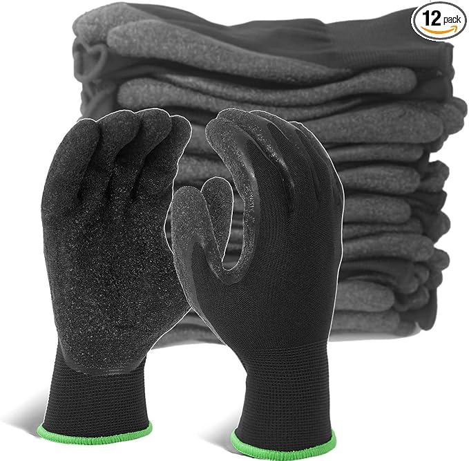 Evridwear Crinkle Latex Rubber Hand Coated Safety Work Gloves for Men Women General Multi Use Construction Warehouse Gardening Assembly Landscaping (XL-Size) 12 Pairs Pack-VerdiqueGarden
