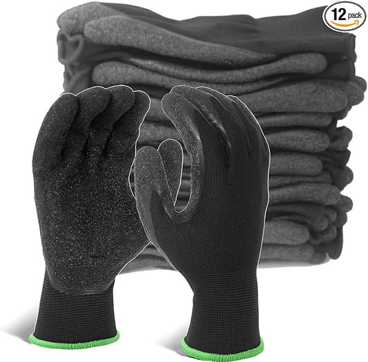 Evridwear Crinkle Latex Rubber Hand Coated Safety Work Gloves for Men Women General Multi Use Construction Warehouse Gardening Assembly Landscaping (XL-Size) 12 Pairs Pack-VerdiqueGarden