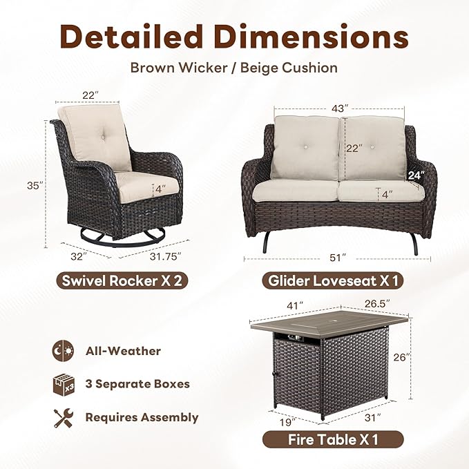 4 Piece Patio Furniture Set with Fire Pit Table - 41inch 50000 BTU Propane Fire Pit Table with High Back Loveseat Glider Chair and 2 Swivel Rocker Chair for Casual Gathering-VerdiqueGarden