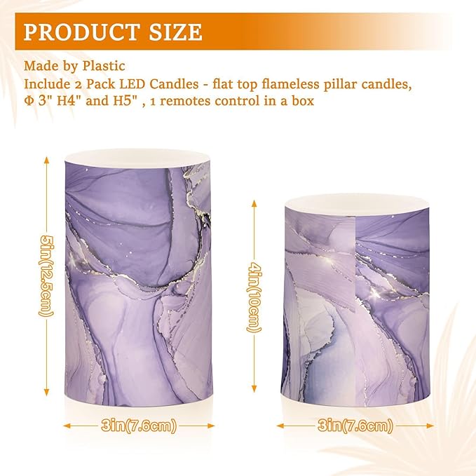 Flickering Flameless Candles, Purple Marble Lavender Liquid LED Candles with Remote Timer, Set of 2 Battery Operated Candle for Valentine Wedding Birthday-VerdiqueGarden