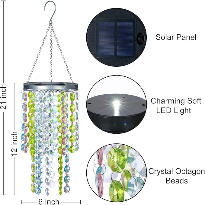 Hanging Solar Lantern Outdoor, 2 Tiers 21” Solar Multicolor Acrylic Beaded Chandelier with Cool White LED S Hooks for Garden Yard Patio Gazebo Outside Decor-VerdiqueGarden