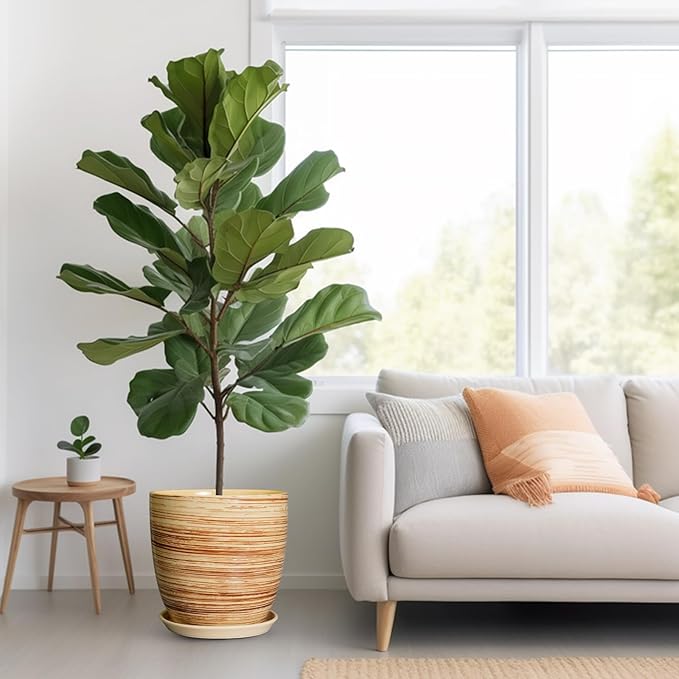 12 Inch Planter Pot Ceramic Plant Pots for Plants with Drainage Hole and Saucer Large Flower Pot for Home Patio Garden Office Yellow-VerdiqueGarden