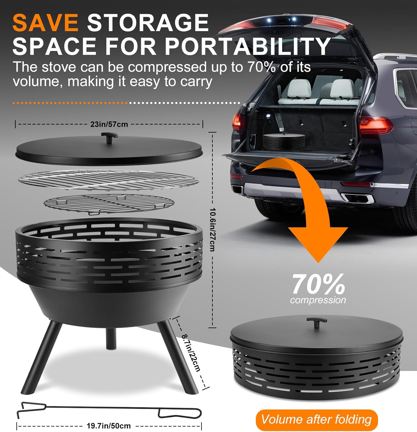 23 Inch Cast Iron Round Fire Pit with Grill, 3-in-1 Outdoor Fire Bowl, Fire Pit Table with Metal Lid and Fire Poker, Wood Burning Firepit for BBQ Bonfire Patio Picnic-VerdiqueGarden