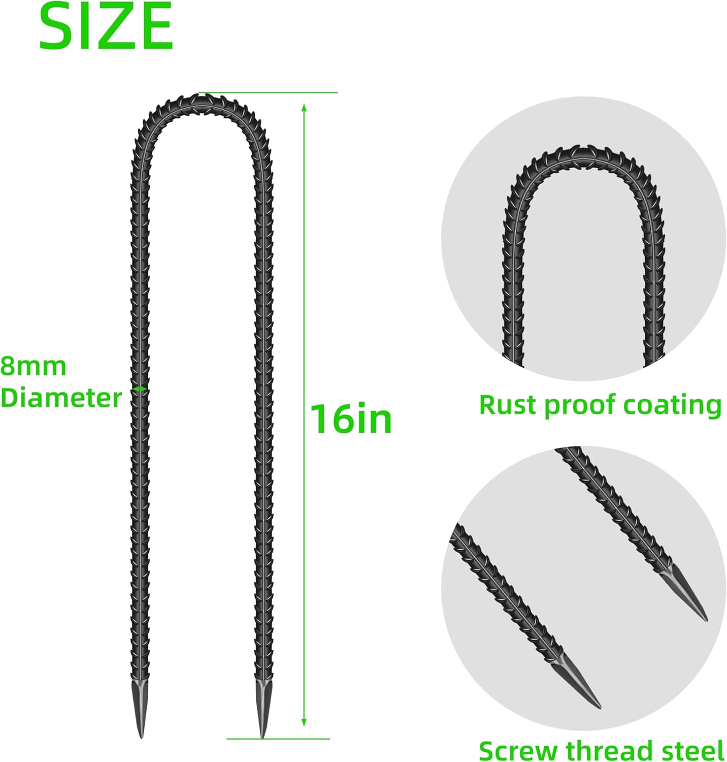 10 Pieces 16-Inch Garden Ground Stakes Galvanized Steel U Shape Hook Rebar Stake - Heavy Duty Ground Anchors for Tents, Position Kits,Fences, and Trampolines-VerdiqueGarden