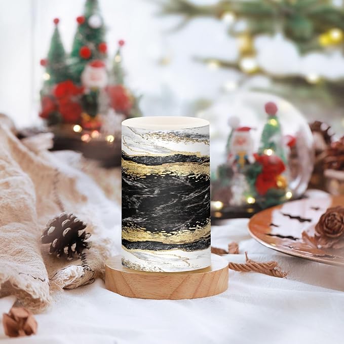 Flickering Flameless Candles, Black White Marble Gold Veins LED Candles with Remote Timer, Set of 2 Battery Operated Candle for Valentine Wedding Birthday-VerdiqueGarden