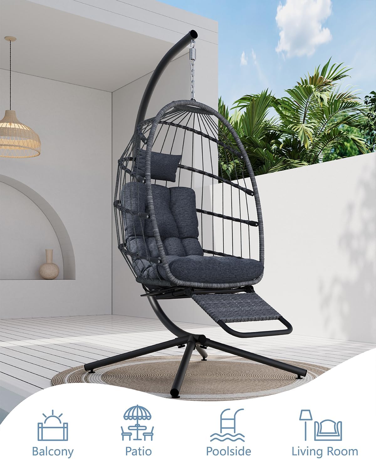 SWITTE Egg Chair Outdoor with Footrest & Stand, Indoor Wicker Hanging Egg Swing Chair with Cushion for Patio, Bedroom, Garden - Dark Gray-VerdiqueGarden