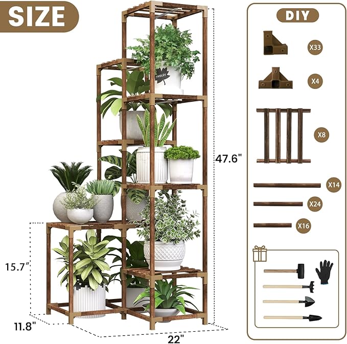 HOMKIRT Tall Corner Plant Stand with Grow Lights, Plant Shelf Indoor for Multiple Plants, Wood Plant Ladder Rack Holder Display Flower Stand for Living Room Balcony-VerdiqueGarden