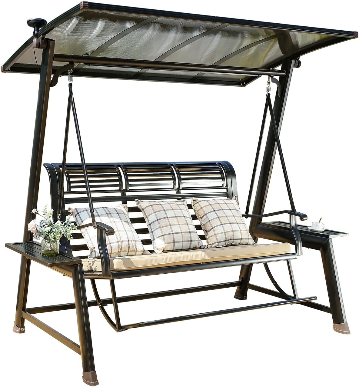 2/3-Seat Outdoor Patio Porch Swing with Adjustable Aluminum Alloy Canopy Solar Patio Swing Chair Bench with Footrest Side Cup Holder for Backyard Lawn (Heart of Ocean-3 Seat)-VerdiqueGarden