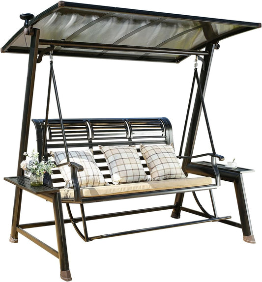 2/3-Seat Outdoor Patio Porch Swing with Adjustable Aluminum Alloy Canopy Solar Patio Swing Chair Bench with Footrest Side Cup Holder for Backyard Lawn (Heart of Ocean-3 Seat)-VerdiqueGarden