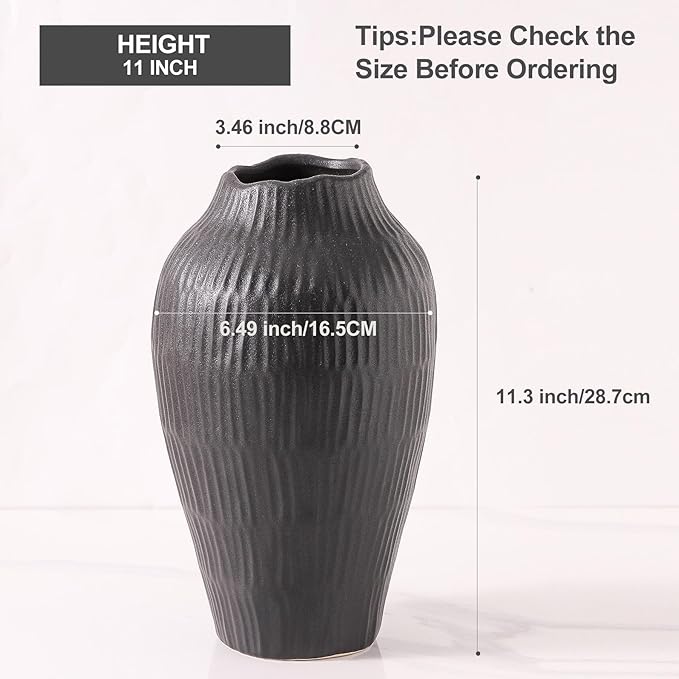 Elegant Black Ceramic Vase - Modern Minimalist Home Decor Vase, Centerpiece for Living Room, Dining Table, Office - 11.6 Inches Tall, Handcrafted Pottery for Farmhouse, Boho, Contemporary Style-VerdiqueGarden