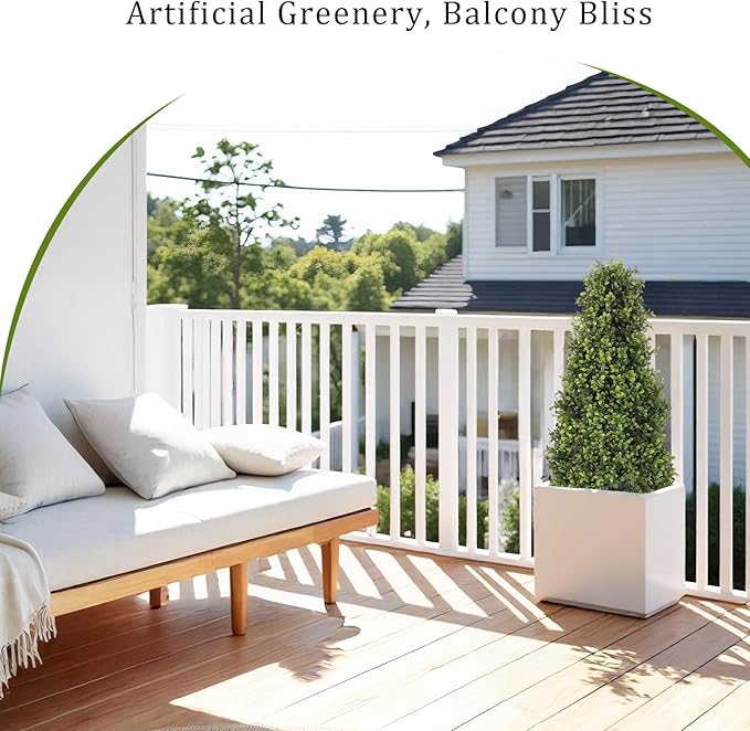 3ft Artificial Boxwood Topiary Trees (Set of 2) - UV Resistant Faux Plants Outdoor, Realistic 36" Fake Cone Bushes and Shrubs for Front Porch, Planter, Patio - Low Maintenance & Evergreen-VerdiqueGarden