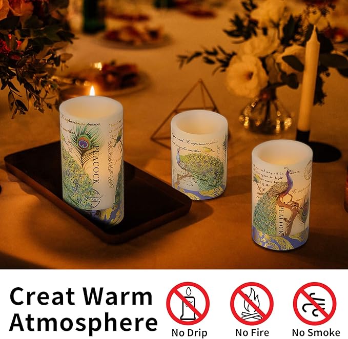 Flameless Peacock Battery Operated Candles With Remote - Flickering Pillar Real Wax LED Vintage Home Decor for Spring, Wedding, Mother's Day Gifts-VerdiqueGarden