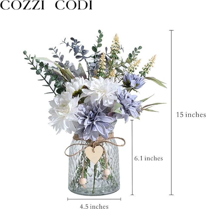 Fake Flowers Artificial Blue Flowers with Vase, Table Centerpieces for Dining Room, Silk Flower Arrangements for Home, Living Room Bathroom Plant Decor, Centerpiece Table Decorations-VerdiqueGarden