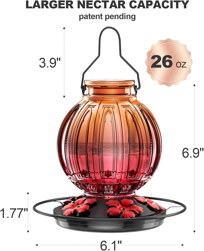 Glass Hummingbird Feeder for Outdoors Hanging, 26Oz Bird Nectar Feeder with Perch & 5 Flower Feeding Ports, Leak Proof for Outside Garden Decor Backyard, Gifts for Women Mom, Clear & Red-VerdiqueGarden