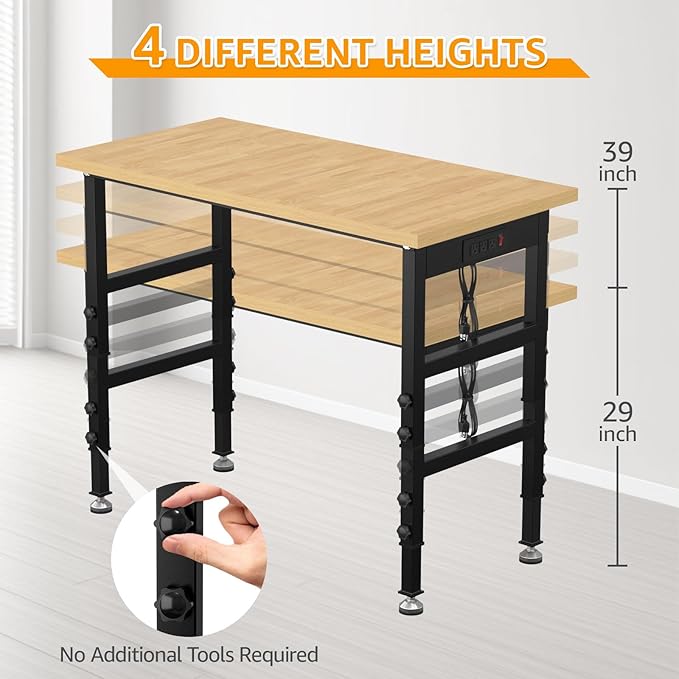 48" Adjustable Workbench,Heavy-Duty Work Table,3000 LBS Load Capacity Particleboard Hardwood Workstation Outlets with Power Strips and Fixed feet,for Workshop, Garage-VerdiqueGarden