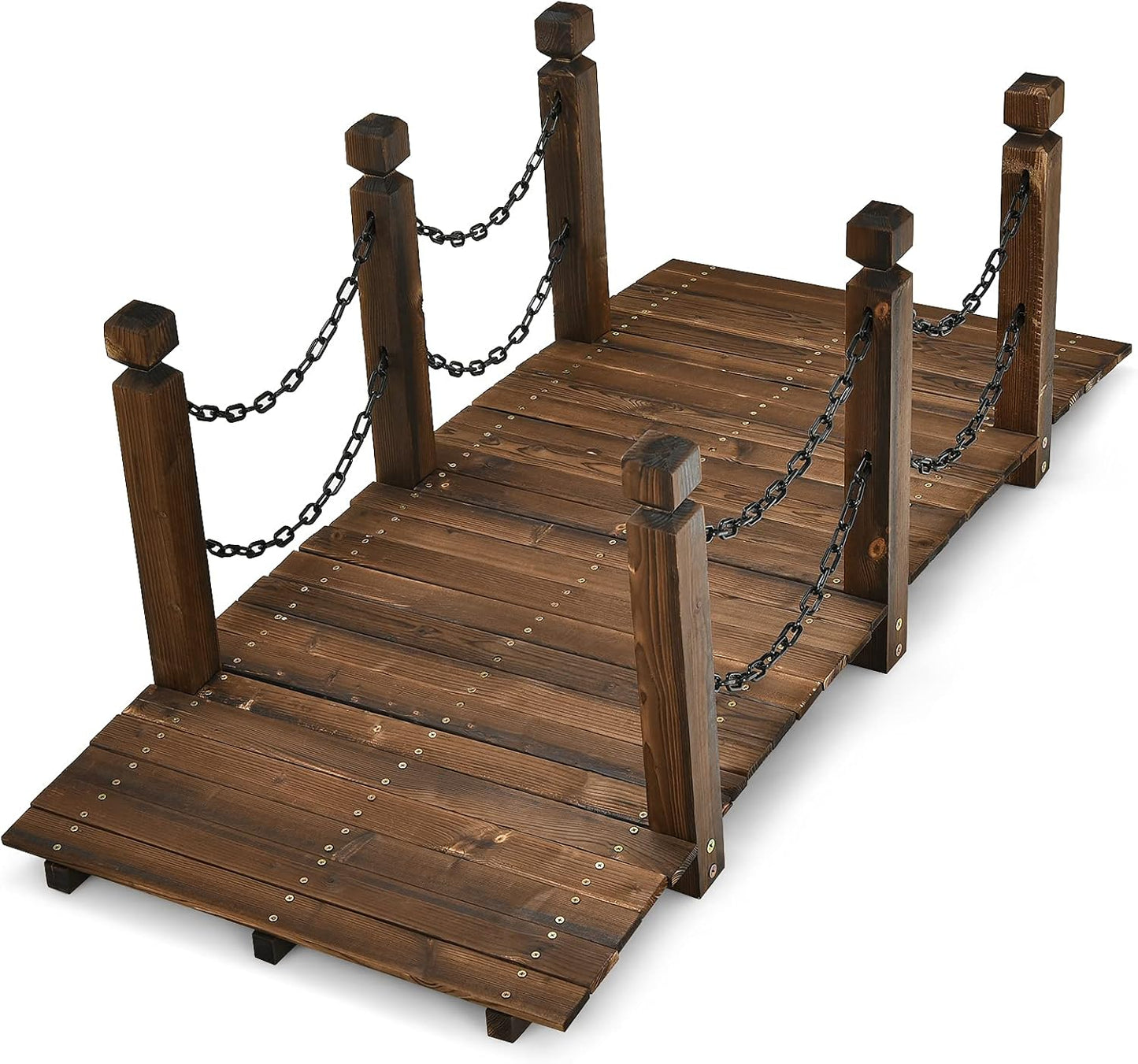 Giantex 5 FT Wooden Garden Bridge, Stained Wood Arc Footbridge with Chain Railings for Backyard Creek Farm, Decorative Pond Bridge, Easy to Assemble, 400 lbs Capacity (Brown)-VerdiqueGarden