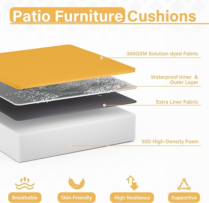 Patio Chair Cushions 22 X 22 X 4 Inch Waterproof Outdoor Seat Cushions for Patio Furniture, Outdoor Sofa Couch Pads with Ties & Handle, Set of 2, Yellow-VerdiqueGarden