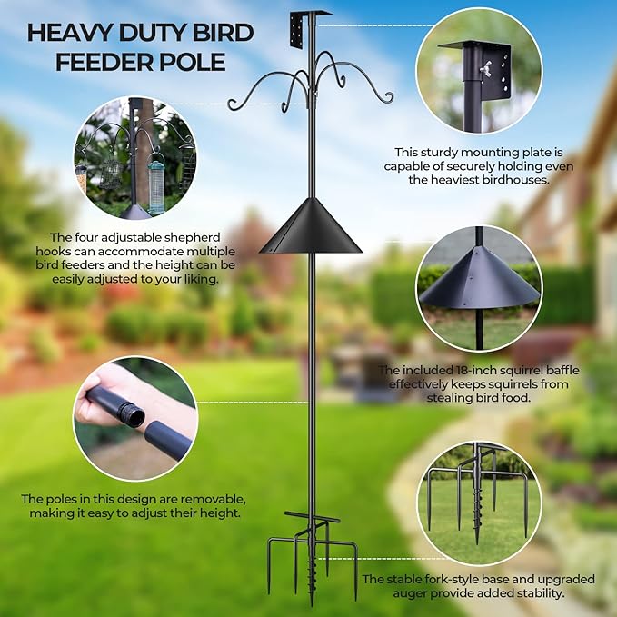 Bird Feeders Pole, House Pole 92 Inch, Adjustable Heavy Duty Feeder Stand Feeding Station with Sturdy Anchor Squirrel Proof Baffle for Watching (Bird Not Included)-VerdiqueGarden