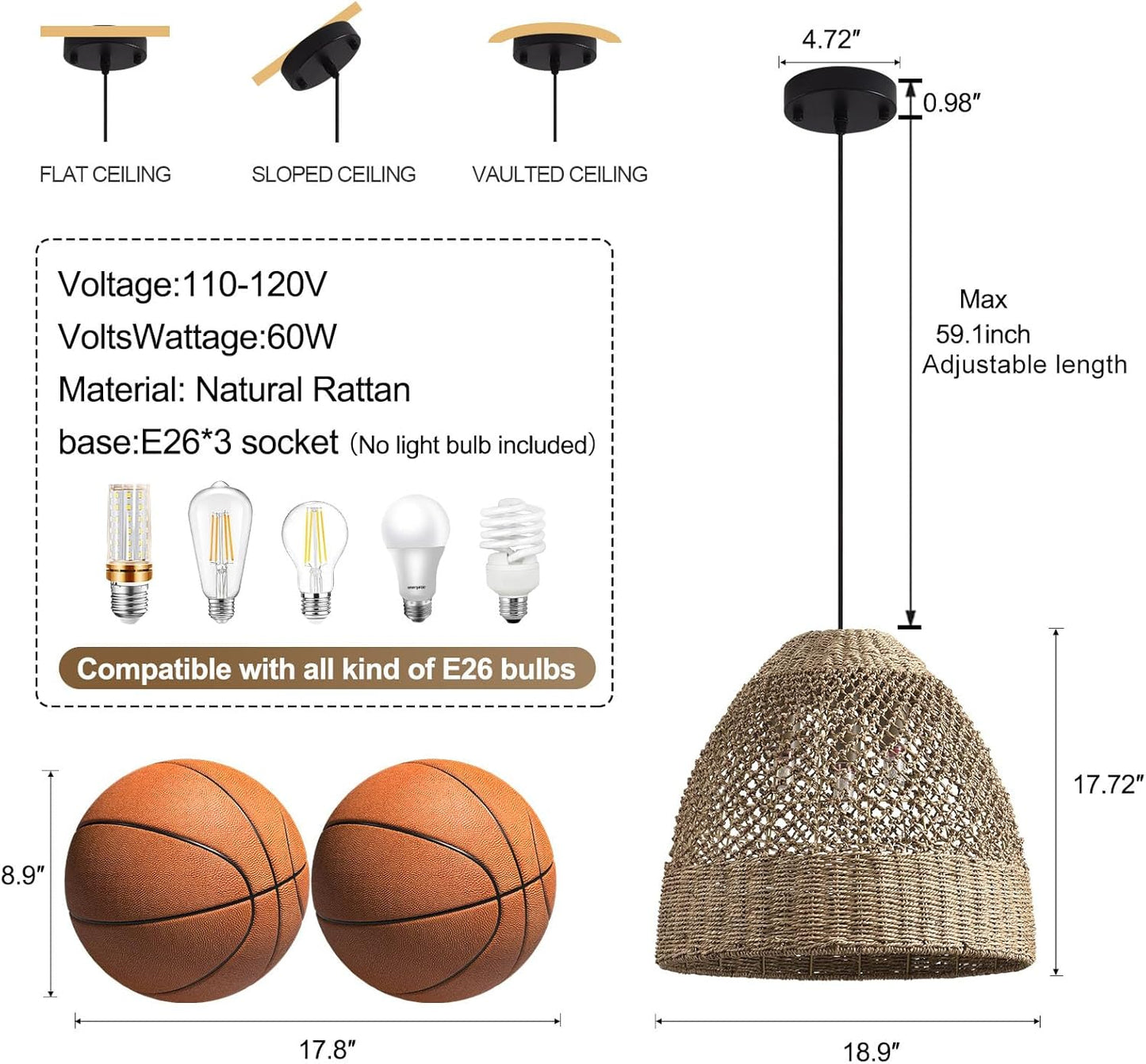 18.9" Rattan Chandelier, Coastal Large Pendant Light,Boho 3-Light Wicker Hand-Woven Seagrass Pendant Lighting Ceiling Hanging,for Kitchen Islands, Dining Rooms, and Farmhouses.-VerdiqueGarden