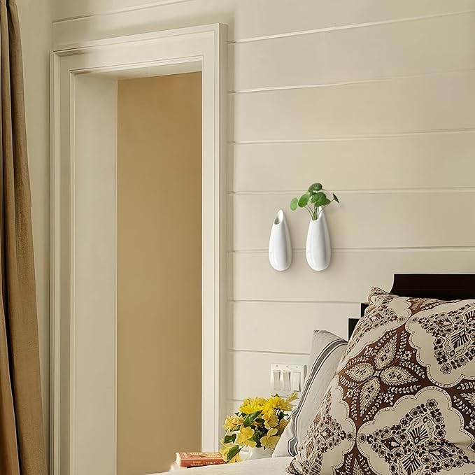 2 Pack White Ceramic Wall Vases,5.9 Inch Wall Hanging Plant Holder,Cubicle Modern Decor Plant Holder Vase for Indoor Plants, Hanging Propagation Flower Pots for Air Vases-VerdiqueGarden