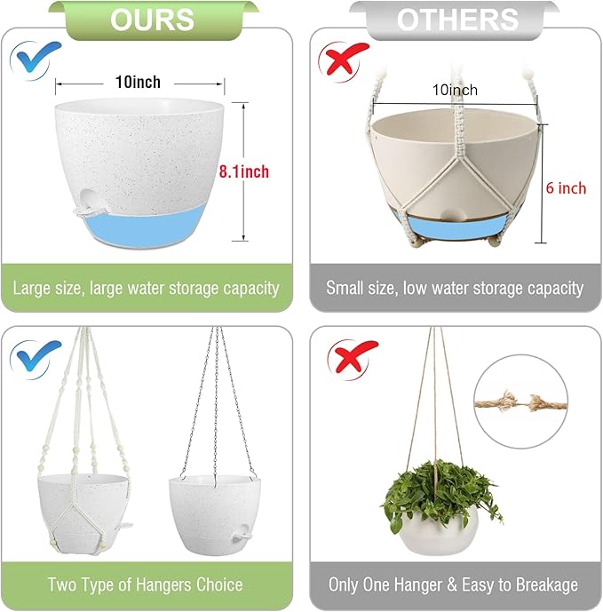 10 inch Self Watering Hanging Planters, 2 Pack Hanging Baskets for Indoor Outdoor Plants, Hanging Flower Pots with Drainage Holes and 2 Kinds of Plant Hangers for Garden Decor, Speckled White-VerdiqueGarden