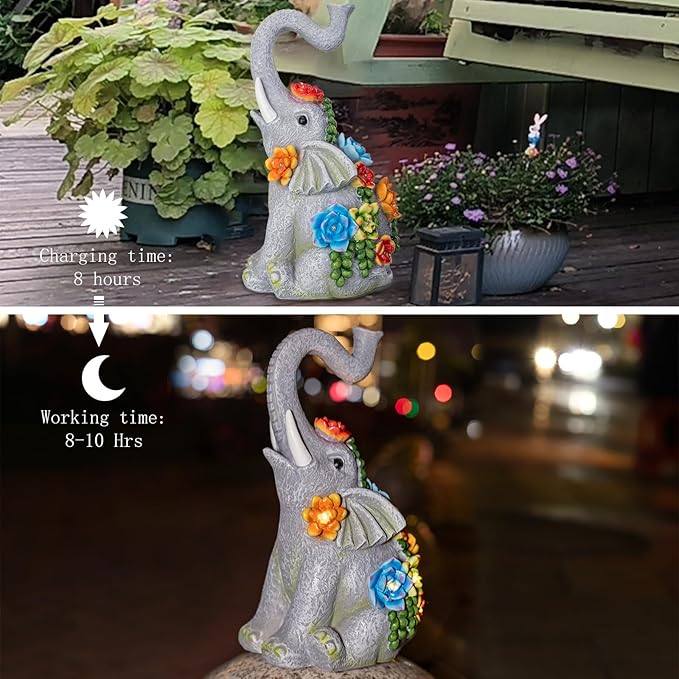 Elephant Garden Statue Solar Lamp with 8 Led Lights Decor Outdoor Resin Waterproof Sculpture Patio Lawn Yard Porch Decorations Housewarming Gifts for Women Mom Grandma-VerdiqueGarden