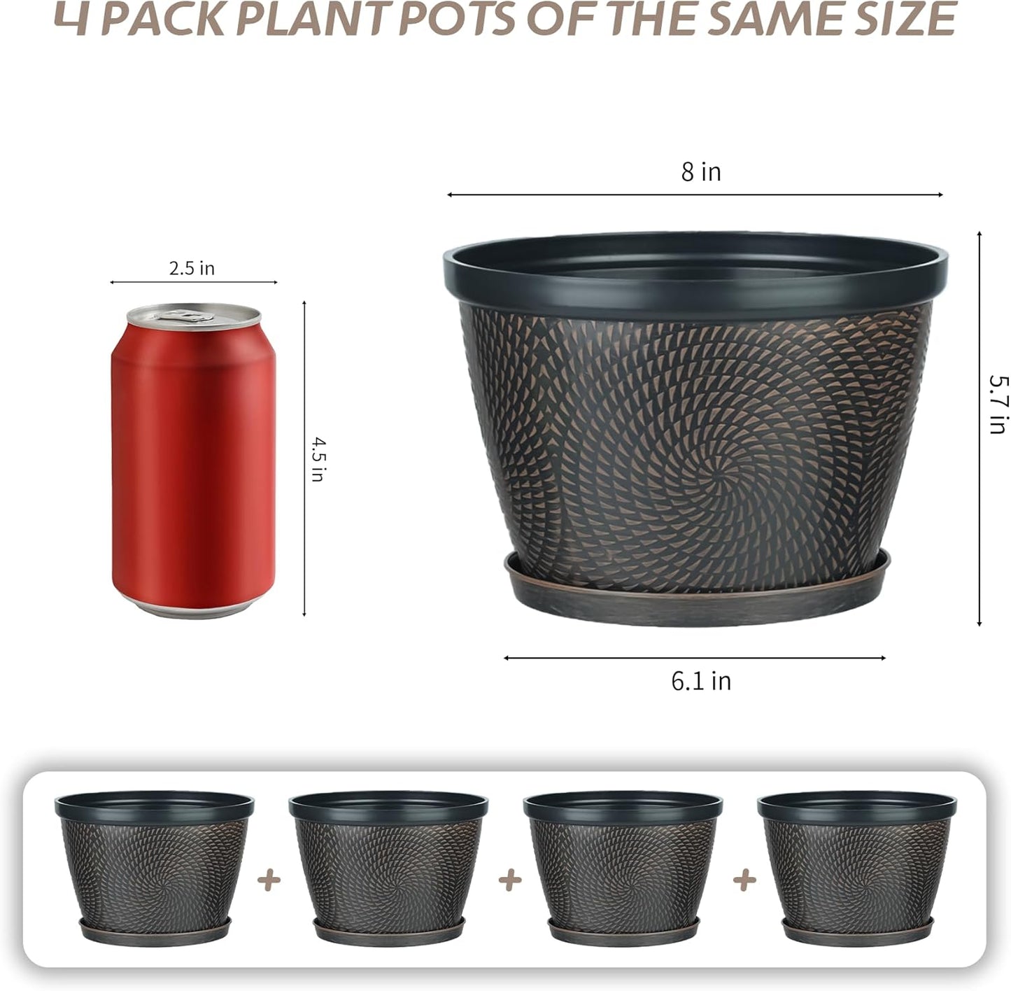 Quarut 4 Pack 8 Inch Flower Pots for Outdoor Indoor, Plastic Plant Pots with Drainage Hole & Saucer, Lightweight Small Flower Pot, Circle Pattern Planters for Garden House planters（Black Copper）-VerdiqueGarden