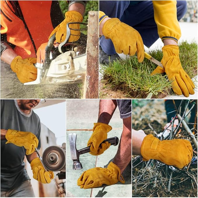 OZERO Leather Work Gloves Flex Grip Tough Cowhide Gardening Glove for Men and Women (Medium, Gold With Mesh Linning)-VerdiqueGarden