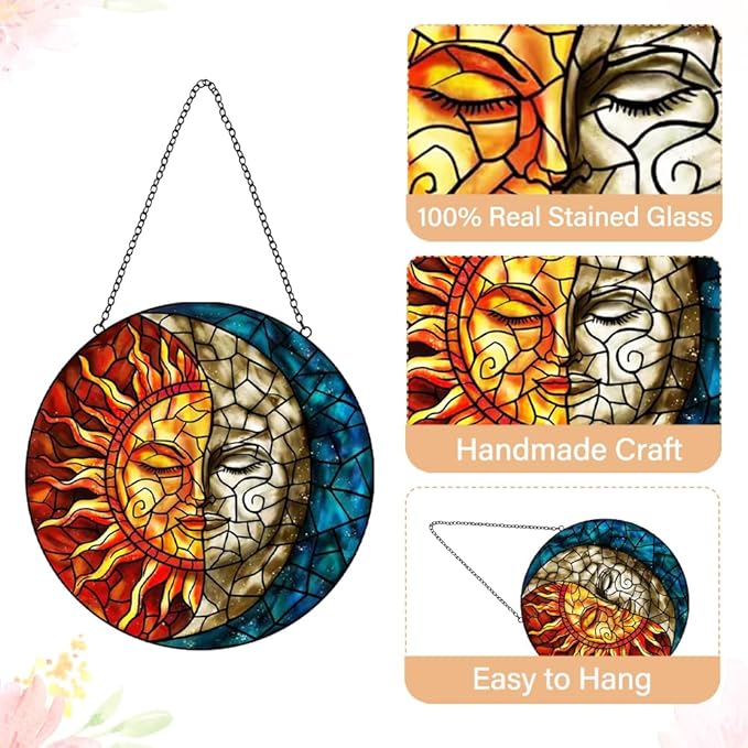 Sun and Moon Suncatcher Stained Glass Window Hanging - Handmade Stain Glass Suncatchers with Chain - Sun Catchers Indoor Window Glass Panel for Home Decor Garden Thanksgiving Valentines Day Gifts-VerdiqueGarden