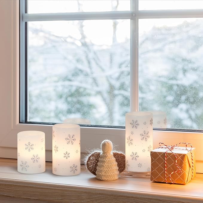 KunSween Christmas Flameless Candles with Timer, 3 Pack LED Pillar Candles with Silver Snowflake Decals and Real Wax, Christmas Winter Decorations for Home Indoor Table Centerpieces-VerdiqueGarden