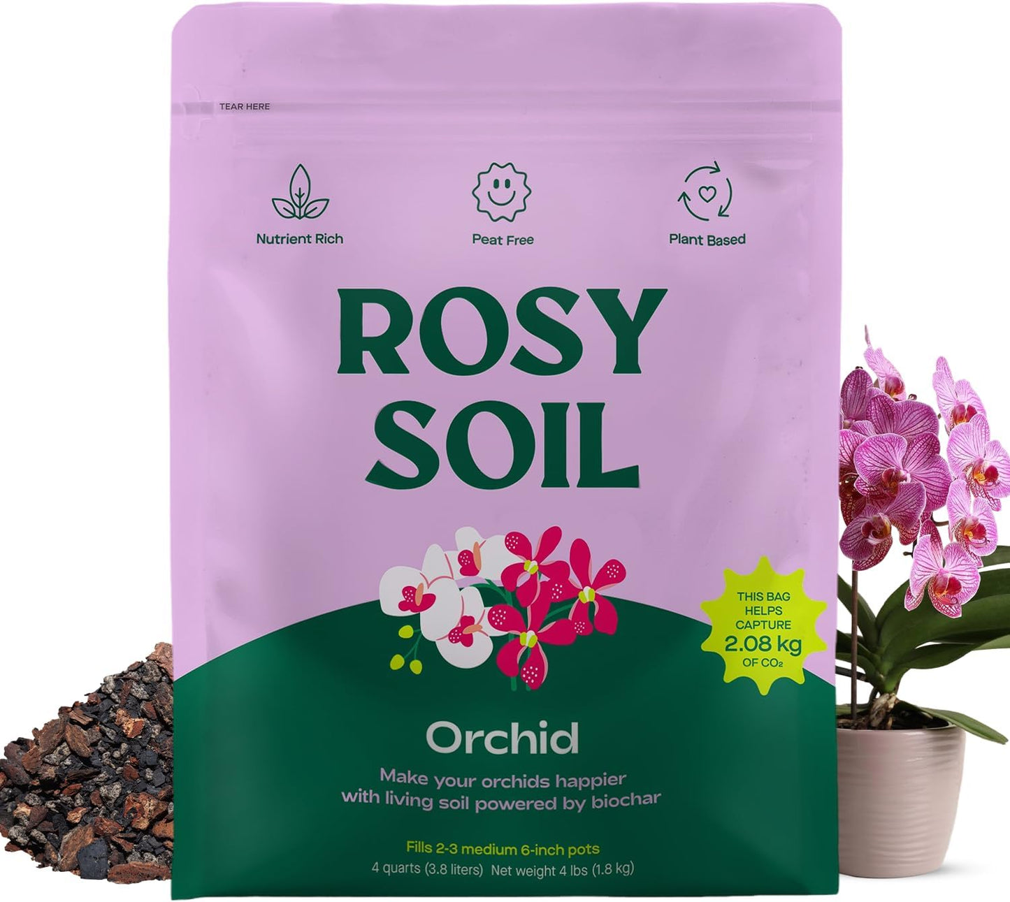 Rosy Soil Orchid Soil Potting Mix - Superior Aeration & Drainage for Orchids - Peat-Free, Microbially Active Biochar Powered Soil for Orchid Plants - Ideal for Indoor Gardening - 4 Quarts-VerdiqueGarden