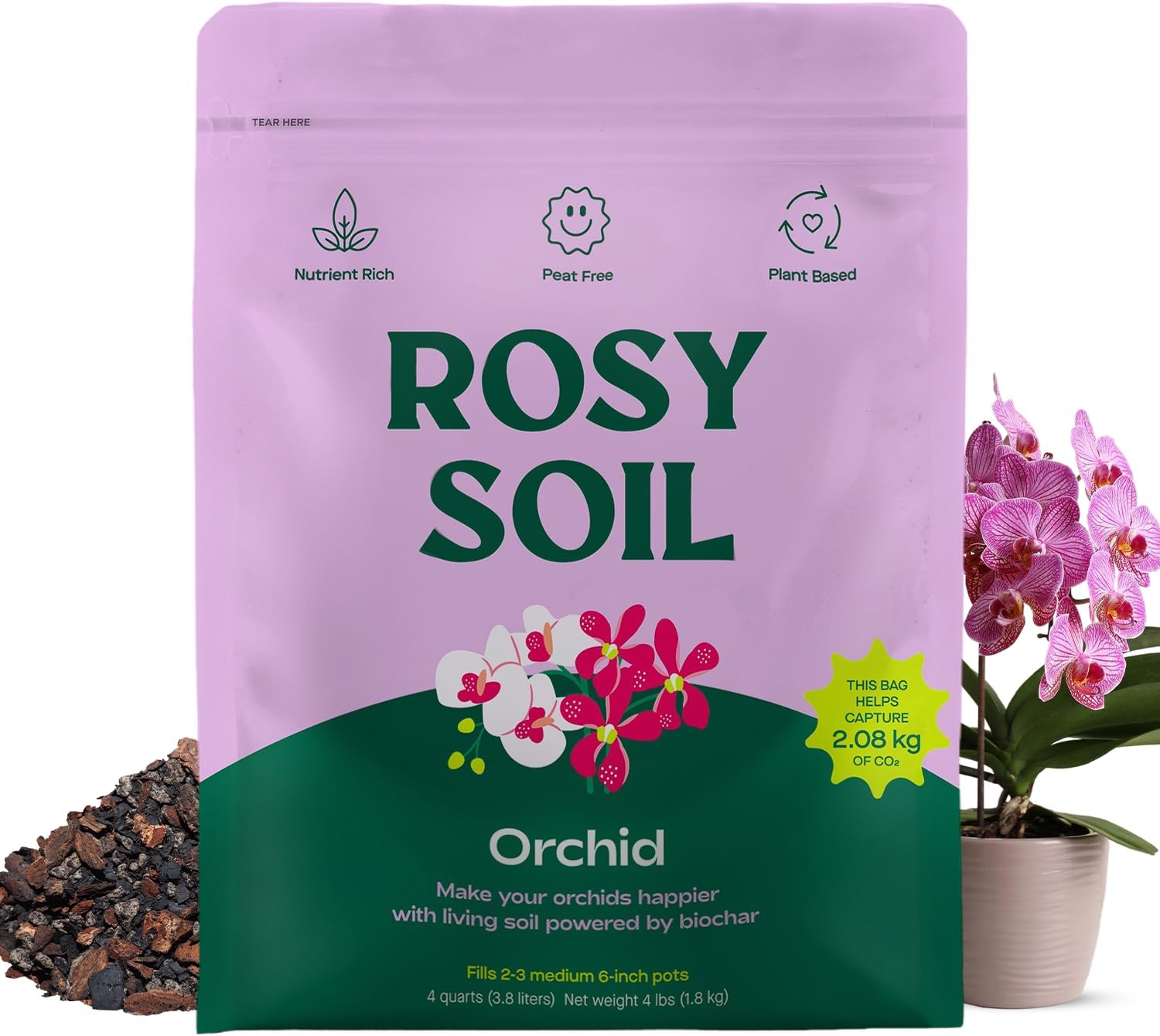 Rosy Soil Orchid Soil Potting Mix - Superior Aeration & Drainage for Orchids - Peat-Free, Microbially Active Biochar Powered Soil for Orchid Plants - Ideal for Indoor Gardening - 4 Quarts-VerdiqueGarden