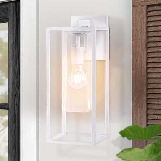 15.7 Inch Outdoor Wall Lights, White Outdoor Wall Lantern with Square Clear Glass Shade, Waterproof Exterior Lighting Fixtures, Modern Front Porch Lighting for House, Garage, E26 Base, ETL Listed-VerdiqueGarden