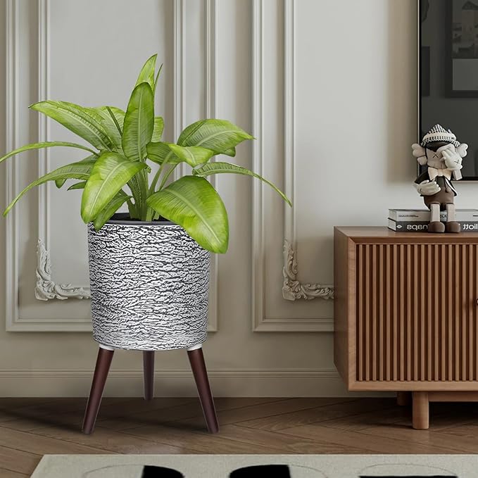 12 Inches Plant Pots with Stand Mid Century Flower Pots with Wood Legs Large Mode Cylinder Planter with Drainage Holes for Indoor Plants,Garden,Decorative-Grey-VerdiqueGarden