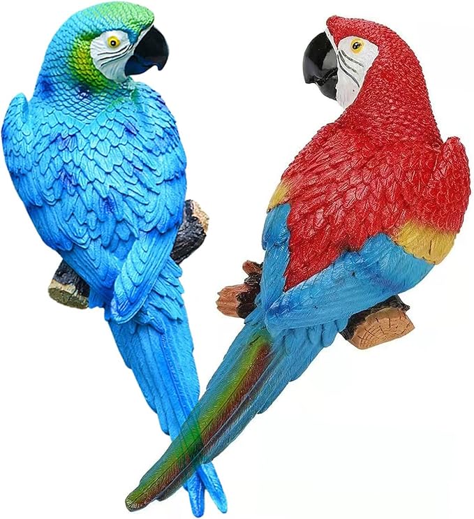 2Pcs Large Resin Parrot Decor Statues Lifelike Hawaiian Tropical Birds Decor, 12.5" Fake Parrot for Tiki Decoration Outdoor Garden Tree Wall Pool Macaw Statues Bird Lover Ornament Gifts(Blue and Red)-VerdiqueGarden