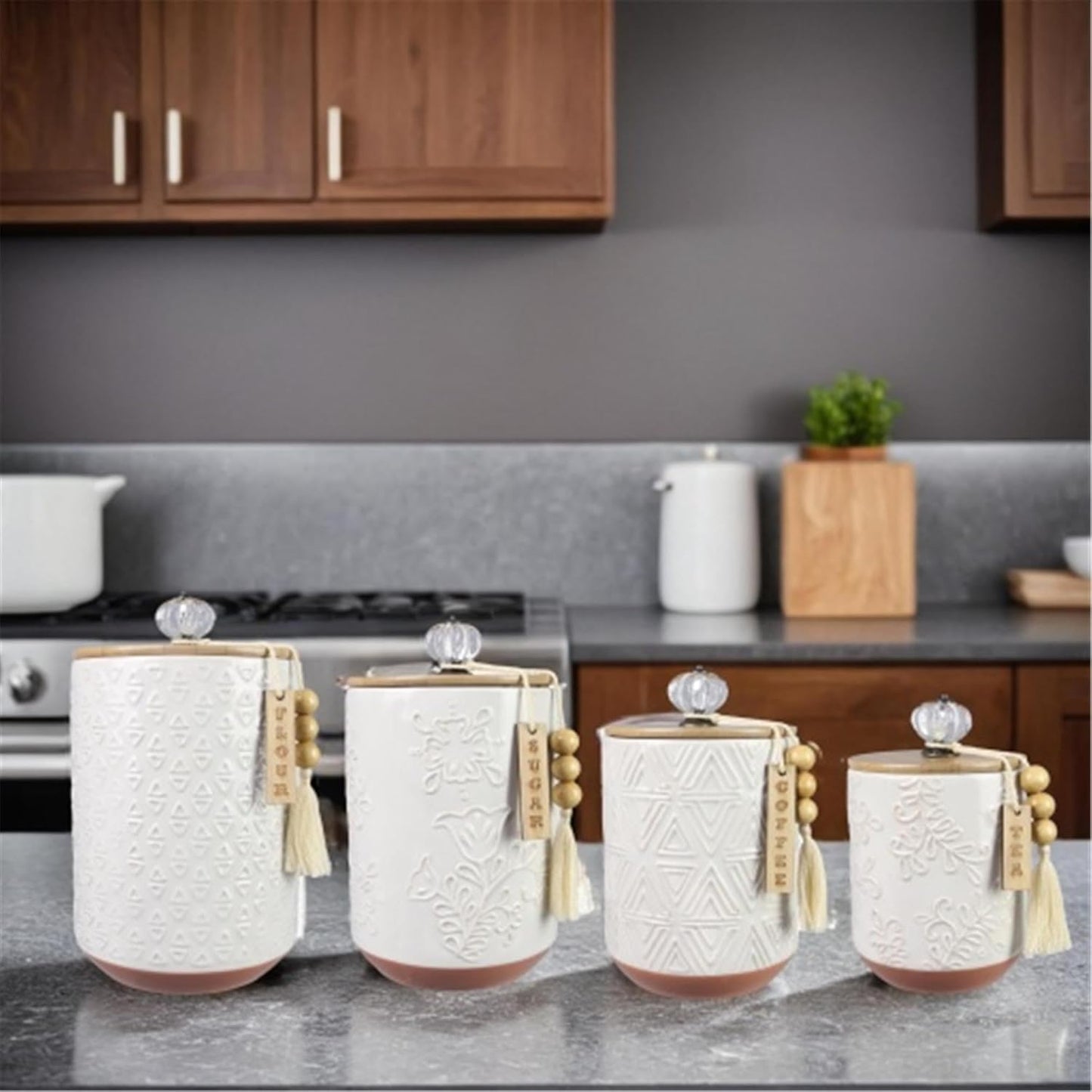 Youngs 21207 Ceramic Canister with Wood Lid and Silicon Seal, Crystal Knob and Blessing Bead Tassel Accent, 4-piece Set-VerdiqueGarden