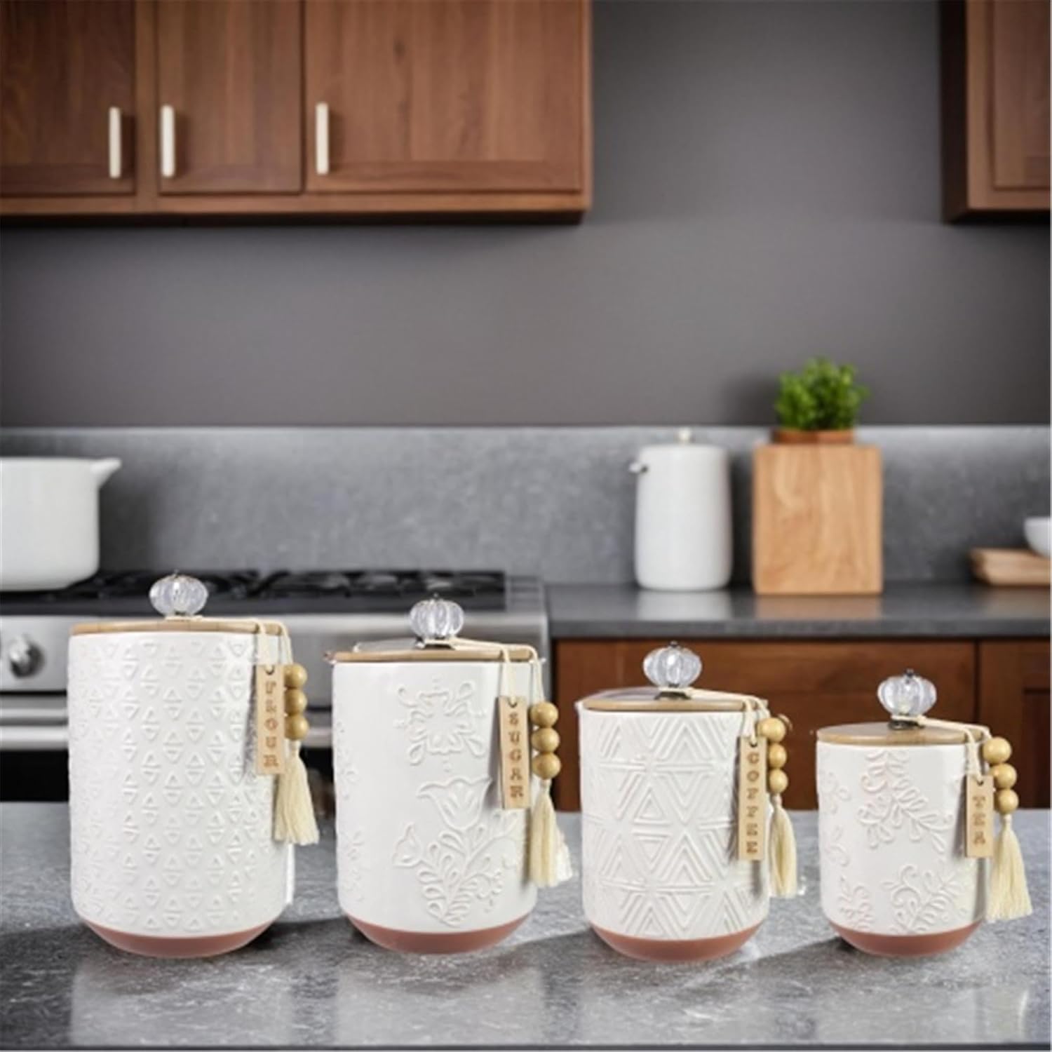 Youngs 21207 Ceramic Canister with Wood Lid and Silicon Seal, Crystal Knob and Blessing Bead Tassel Accent, 4-piece Set-VerdiqueGarden