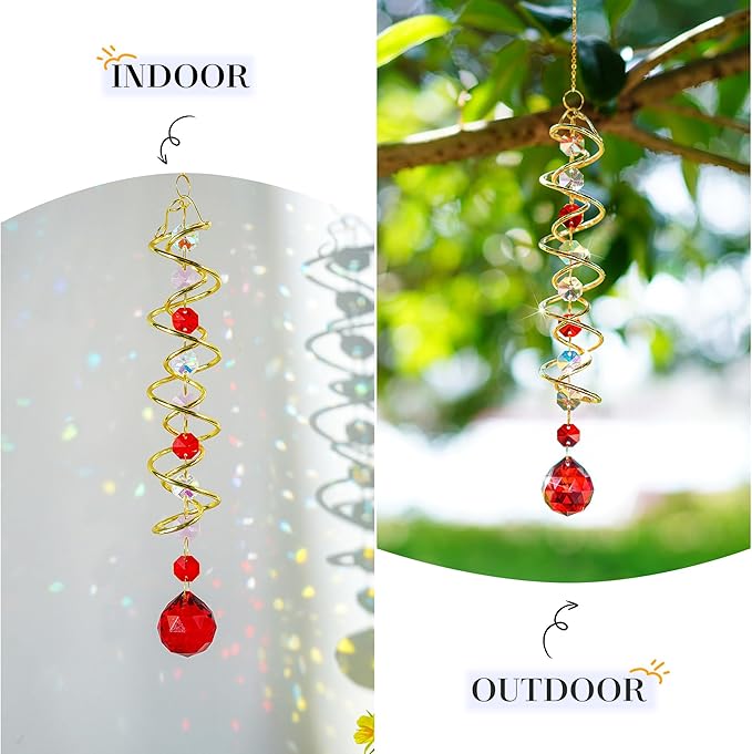H&D HYALINE & DORA 17.7in Crystal Suncatcher Gazing Ball Spiral Tail,Wind Spinner Sun Catcher with Octagonal Beads,Sun Catchers Window Hanging for Outdoor Garden Decor-VerdiqueGarden