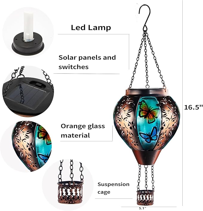 Hot Air Balloon Solar Lantern Outdoor - Flame Hanging Solar Light Waterproof Lanterns for Patio Garden Yard Farmhouse Decor, Great Gift(Butterfly)-VerdiqueGarden