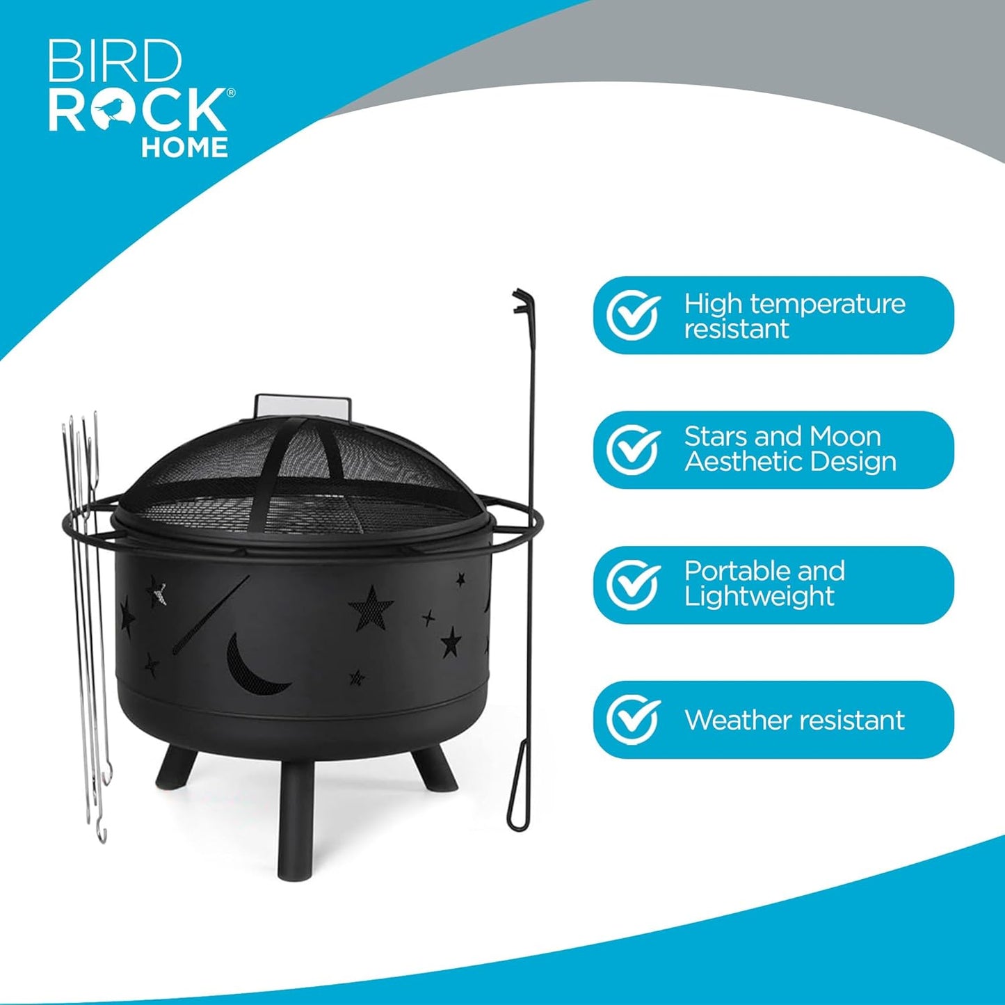BIRDROCK HOME 30″ Round Wood-Burning Fire Pit – Portable Outdoor Patio & Garden Fire Bowl with Stars & Moon Cut-Outs, Spark Screen, Built-in Grate, 4 Roasting Sticks & Fire Poker - Black-VerdiqueGarden