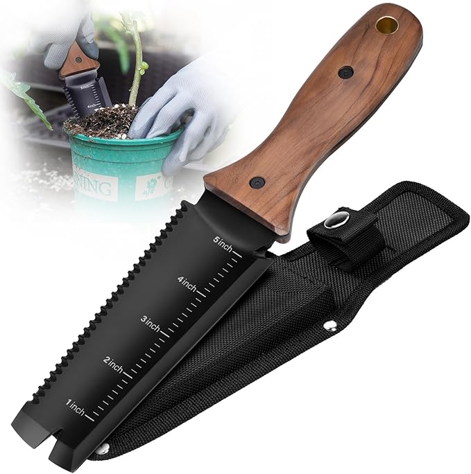 Hori Hori Garden Knife, Garden Tools with Sheath, 6" Stainless Steel Blade with Cutting Edge, Full-Tang Walnut Ergonomic Wood Handle with Hanging Hole, Weeding, Planting, Digging…-VerdiqueGarden