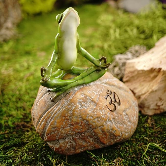 Top Collection Miniature Fairy Garden and Terrarium Statue, Meditating Frog on Rock with Om Symbol-VerdiqueGarden