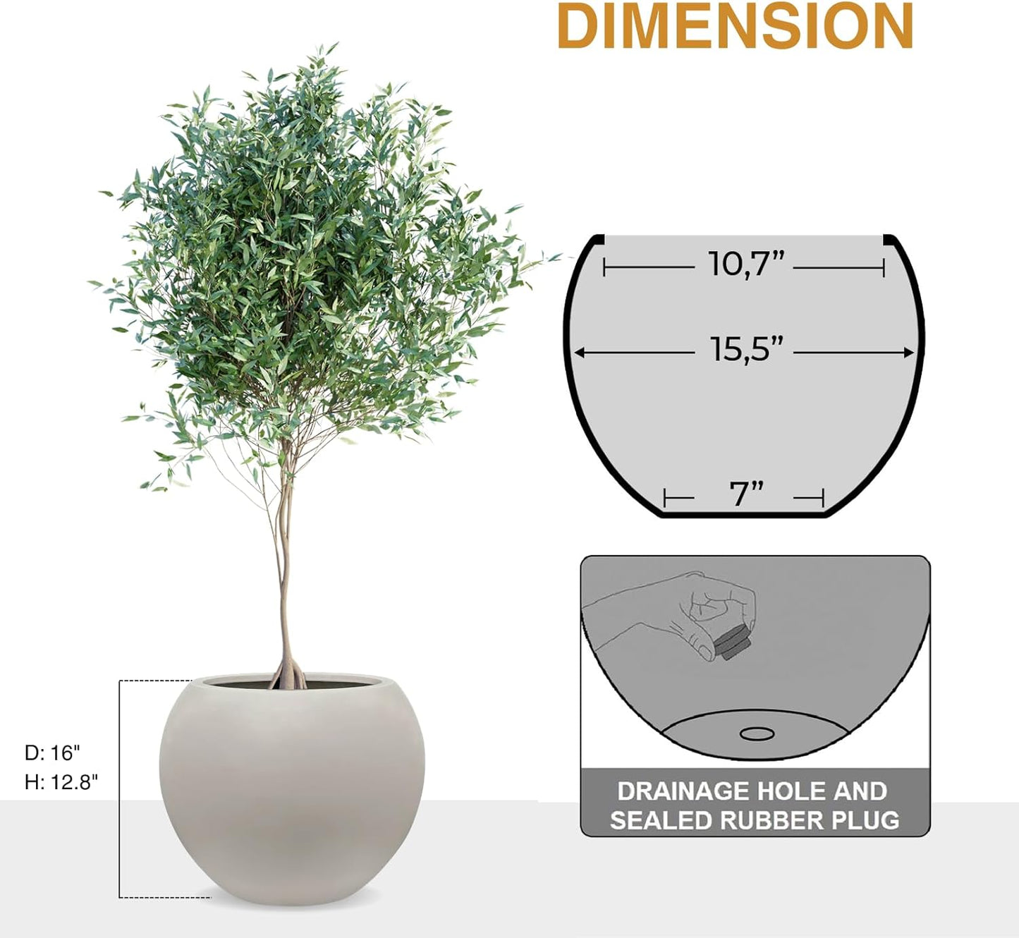 12.8" H x 16" D Globo Fiberstone Round Planter with Drainage Hole, Weather Resistant, Smooth Finish, Planters for Indoor Plants & Outdoor, 2 Extra Coco Mats (Taupe, 10.7" Pot Opening)-VerdiqueGarden
