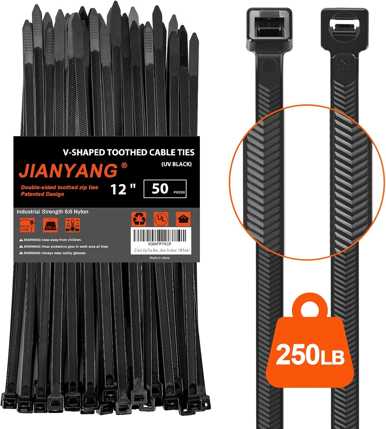 12 Inch V-Shaped Zip Ties Double Sided Toothed,250 LBS Tensile Strength Heavy Duty Cable Wire Ties With Self-Locking Adjustable More Durable Nylon Tie Wraps for Indoor Outdoor（50 Pack）-VerdiqueGarden