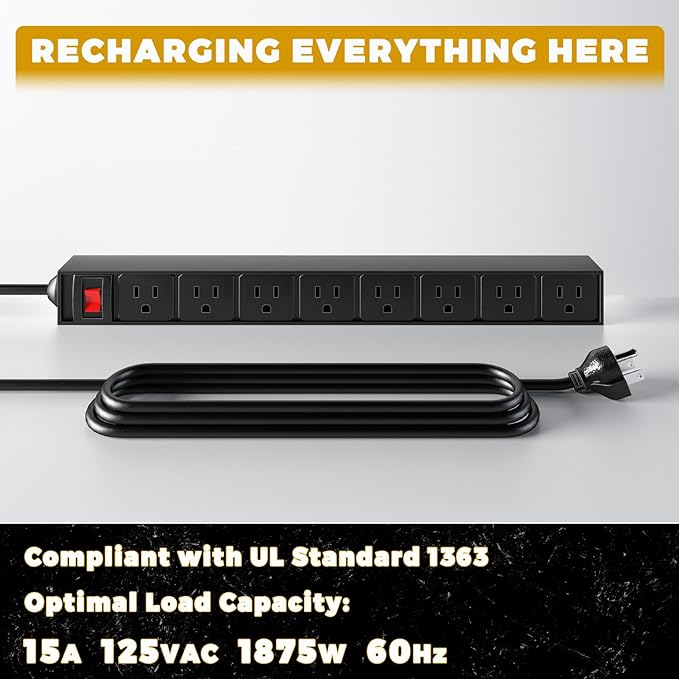 KAFAHOM Power Tool Organizer with Charging Station, Built in 8 Outlet Power Strip,Large 8 Drill Holder Wall Mount, Heavy Duty Metal Power Tool Storage Rack Tool Shelf for Garage Organization Yellow-VerdiqueGarden