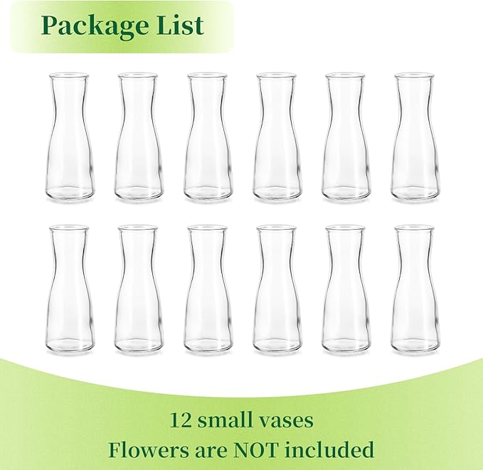Hewory Glass Bud Vases for Centerpieces - Clear Small Flower Vase Set of 12, Modern Minimalist Cute Mini Decorative Bulk Vases for Wedding Bridal Shower Birthday Party Events Dining Room Table Decor-VerdiqueGarden