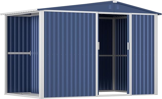 Metal Outdoor Storage Shed 10FT x 6FT with Firewood Storage, Steel Utility Tool Shed Storage House with Sliding Door, Metal Sheds Outdoor Storage for Backyard Garden Patio Lawn, Blue-VerdiqueGarden